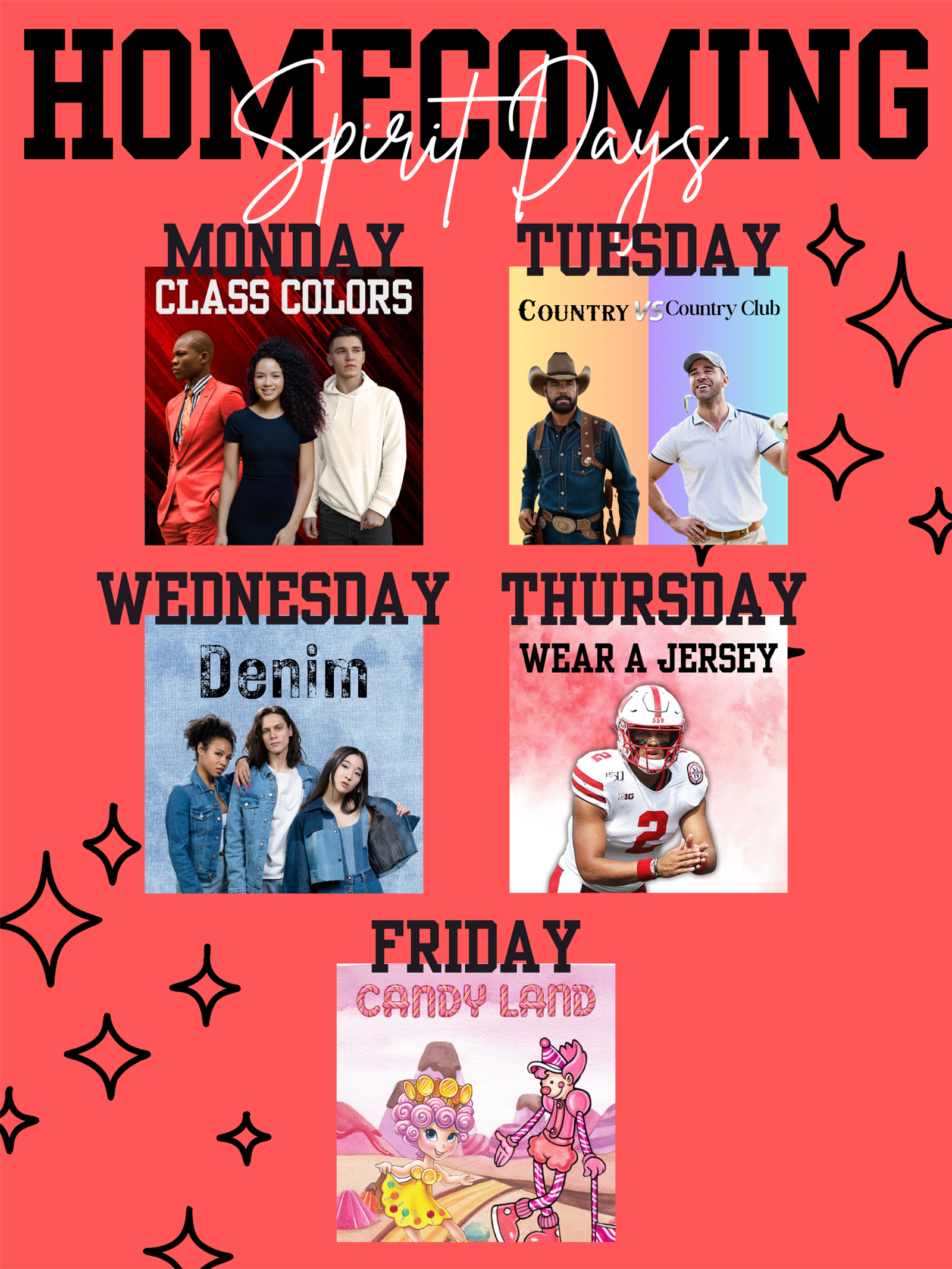  MOnday: Class Colors Tuesday: Country vs Country Club Wednesday: Denim Thursday: Wear a jersey